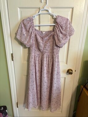tea n rose Lavender Floral Smocked Puff-Sleeve Midi Dress